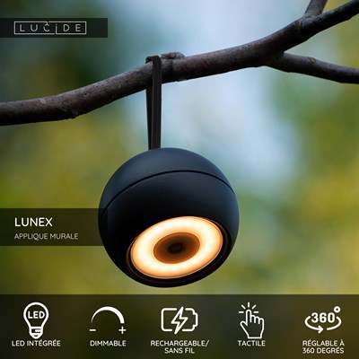 Lucide LUNEX - Applique murale Rechargeable Intérieur/Extérieur - Batterie/Piles - LED Dim. - 1x2W 3000K - IP54 - Magnétique - Noir
